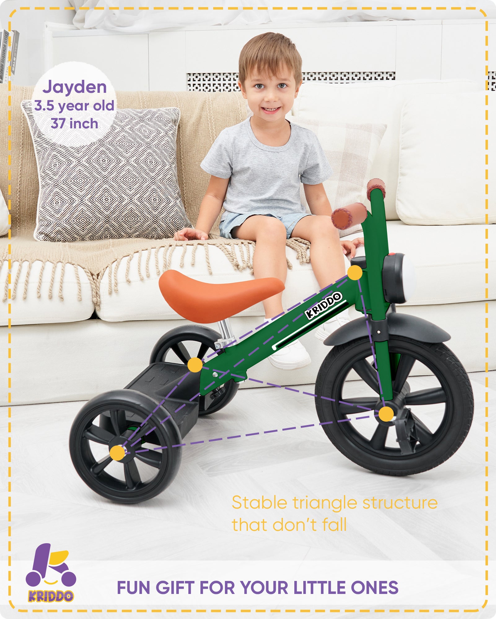 Kriddo Kids Tricycle with Headlight and Removable Pedals for 2 to 5 Years Old Green