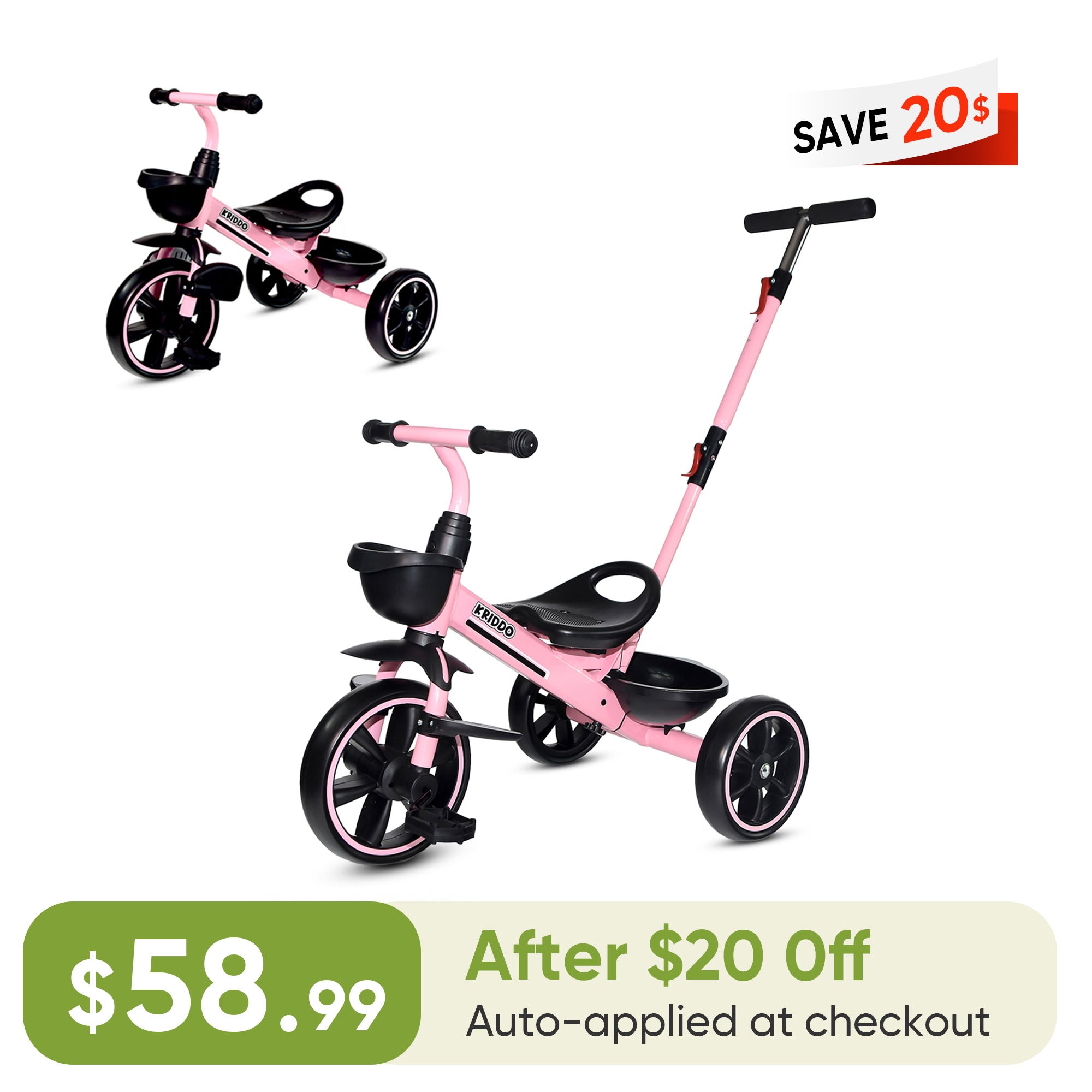 KRIDDO 2-in-1 Toddler Push Tricycle with Handle for 18 Months to 5 Years Old Pink