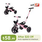KRIDDO 2-in-1 Toddler Push Tricycle with Handle for 18 Months to 5 Years Old Pink