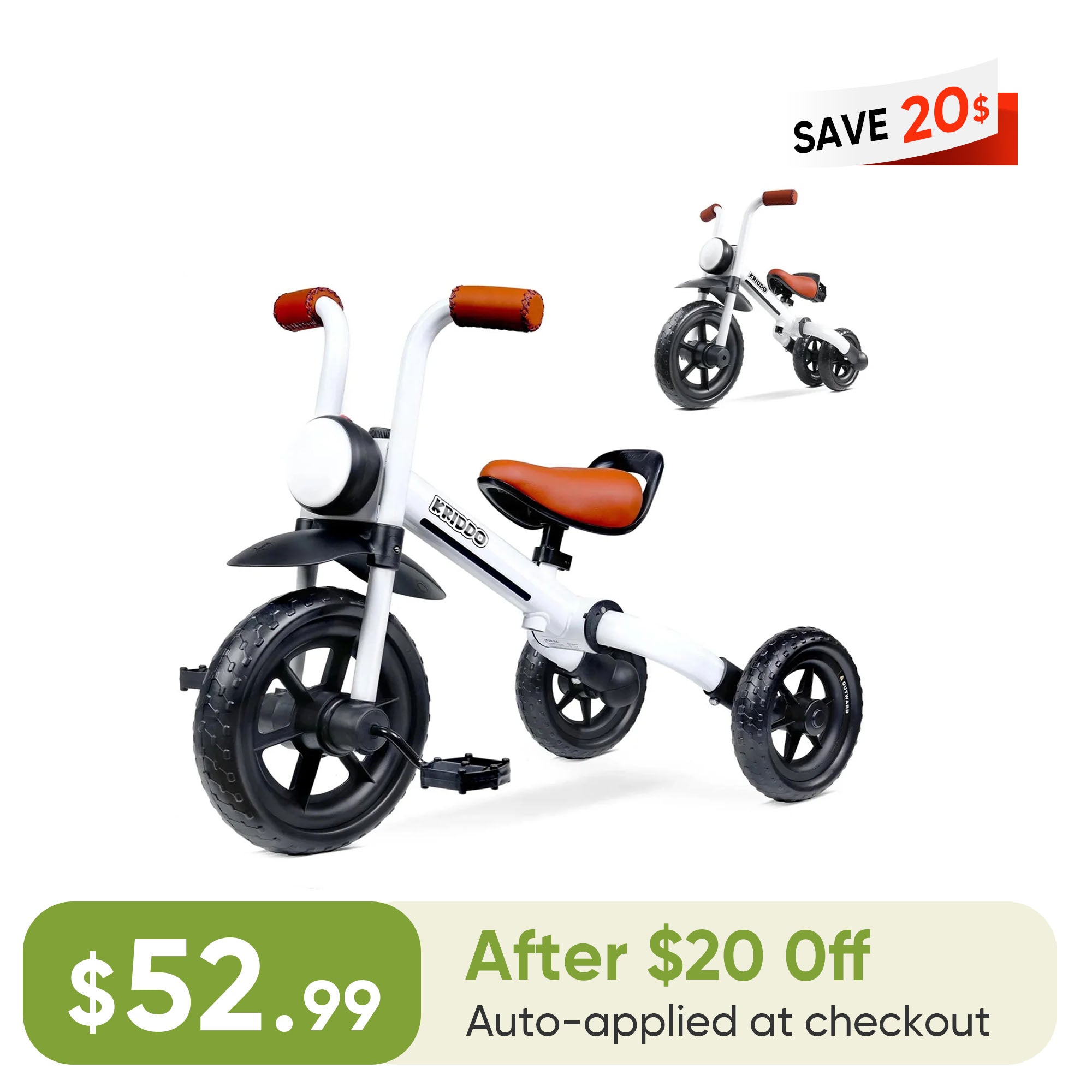 KRIDDO 2-in-1 Foldable Tricycle For Toddlers with Headlight For 2 to 5 Year Old White