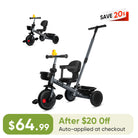 KRIDDO 2-in-1 Kids Tricycle with Steering Push Handle for Ages 18 Months to 5 Years Grey