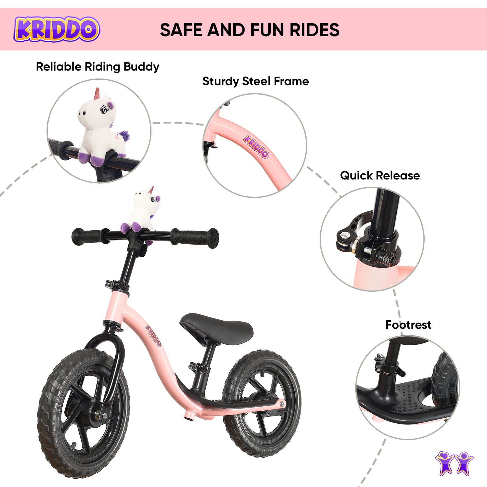 KRIDDO Toddler Balance Bike 2 Year Old, Age 18 Months to 5 Years Old, Early Learning Interactive Push Bicycle with Steady Balancing and Footrest, Gift for 2-5 Boys Girls, Pink