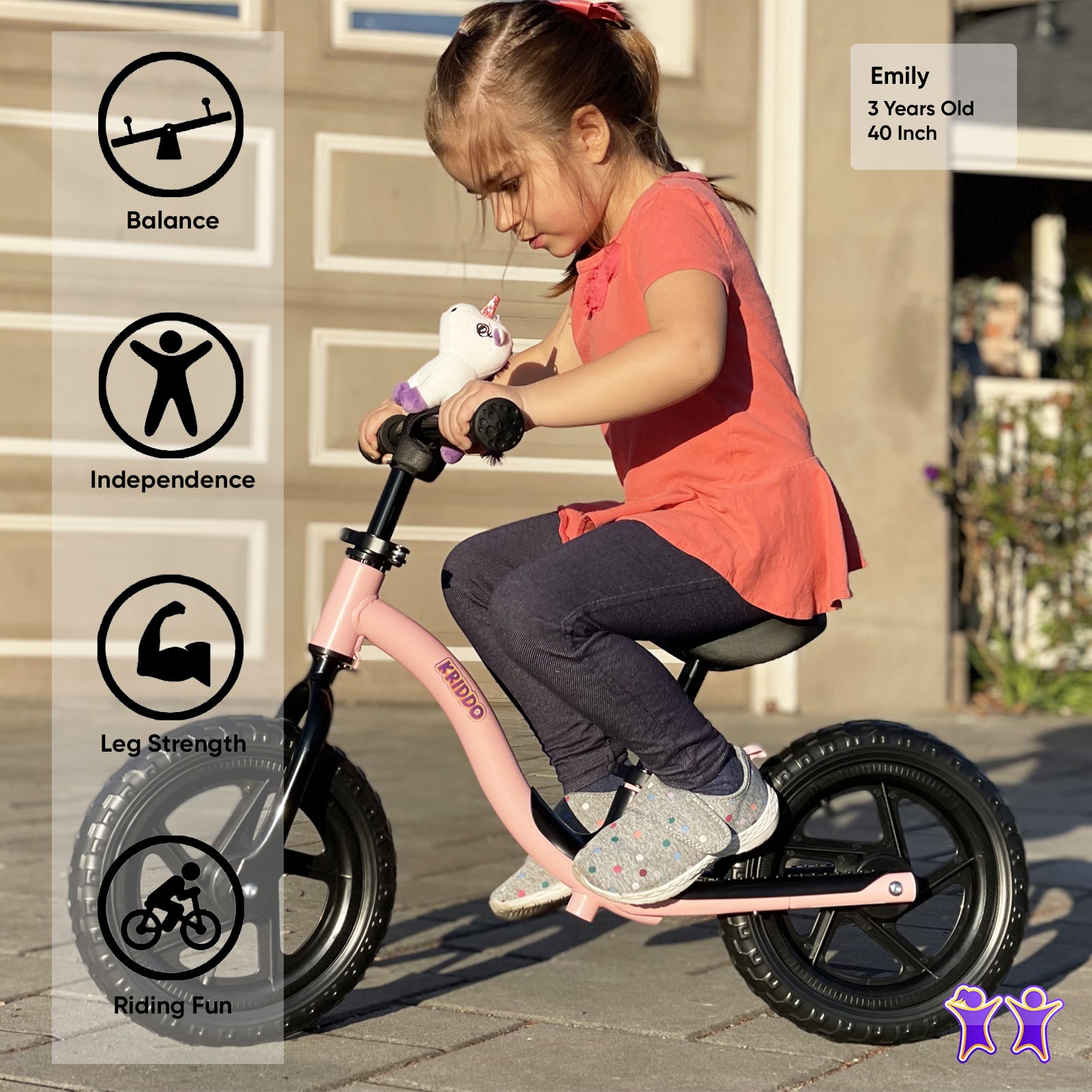 KRIDDO Toddler Balance Bike 2 Year Old, Age 18 Months to 5 Years Old, Early Learning Interactive Push Bicycle with Steady Balancing and Footrest, Gift for 2-5 Boys Girls, Pink