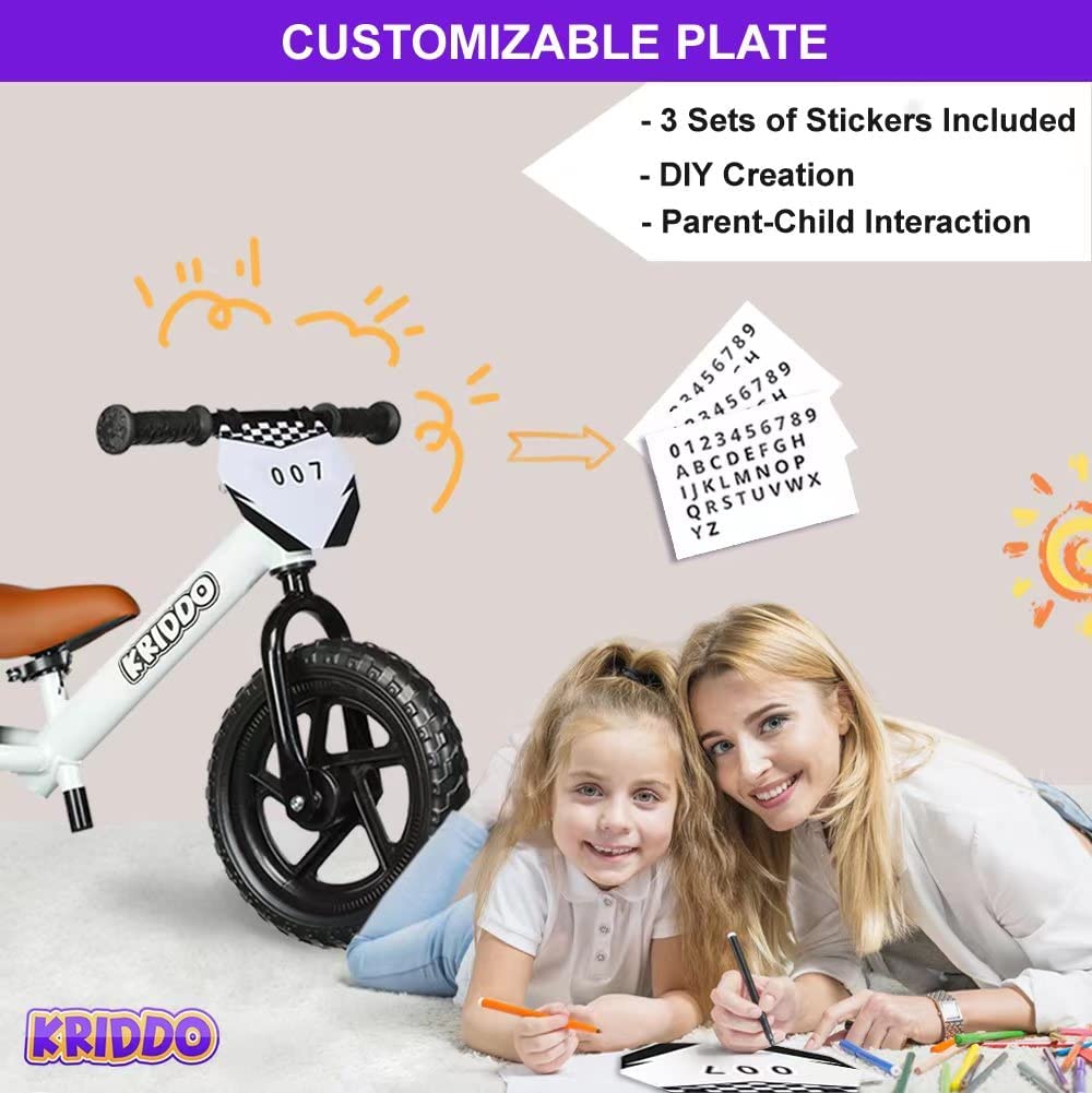 KRIDDO Toddler Balance Bike 2 Year Old, Age 18 Months to 5 Years Old, 12 Inch Push Bicycle with Customize Plate (3 Sets of Stickers Included), Steady Balancing, Gift Bike for 2-3 Boys Girls, White