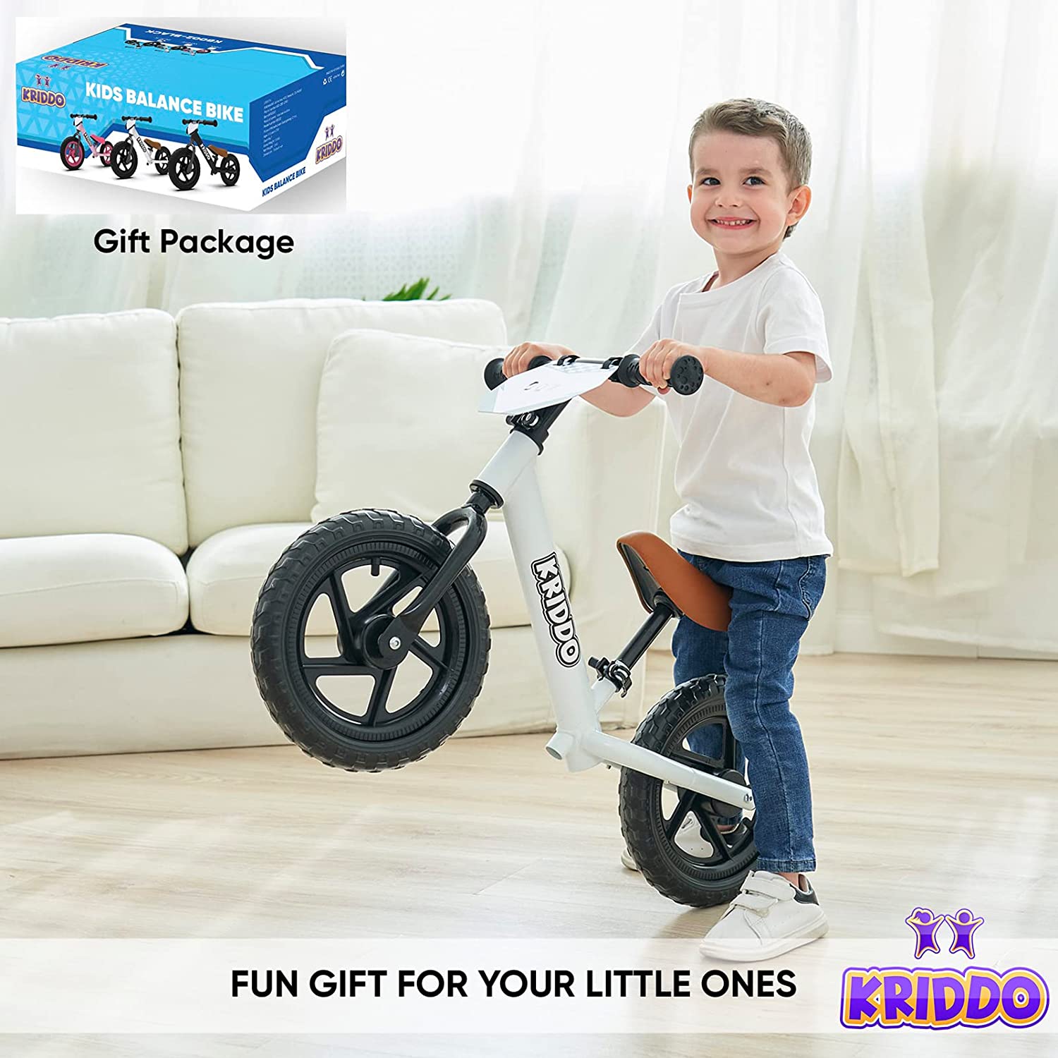 KRIDDO Toddler Balance Bike 2 Year Old, Age 18 Months to 5 Years Old, 12 Inch Push Bicycle with Customize Plate (3 Sets of Stickers Included), Steady Balancing, Gift Bike for 2-3 Boys Girls, White