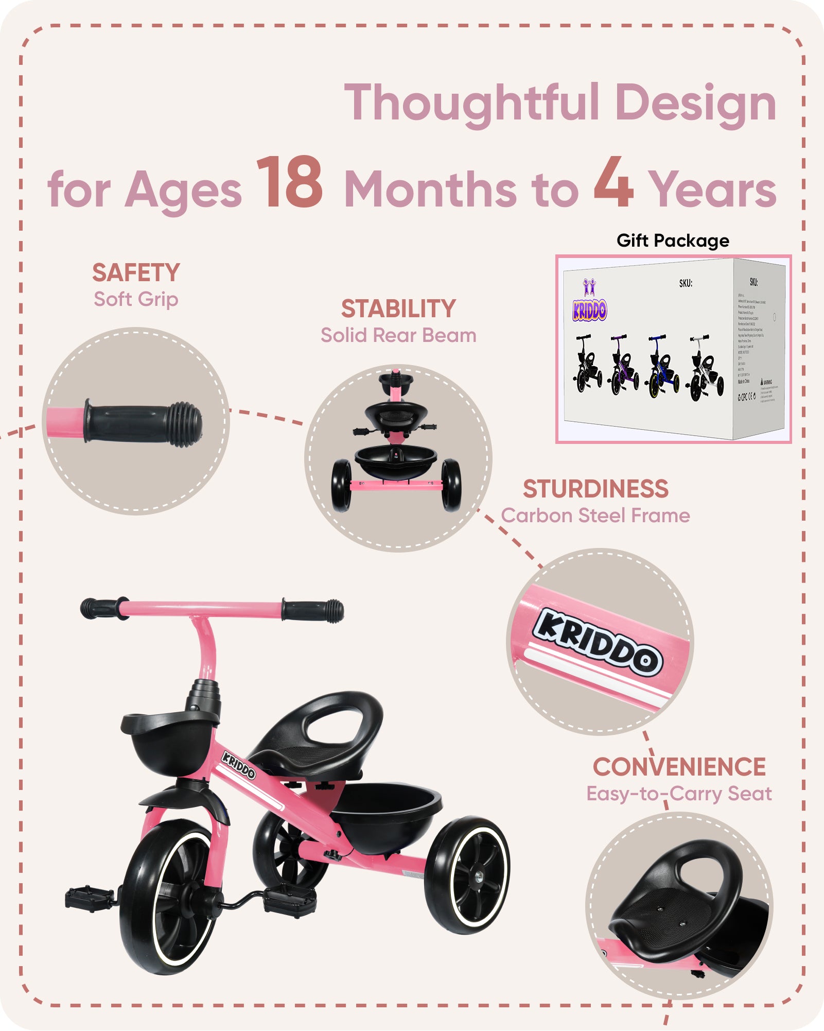 KRIDDO Kids Tricycle for 2 to 5 Years Old Pink